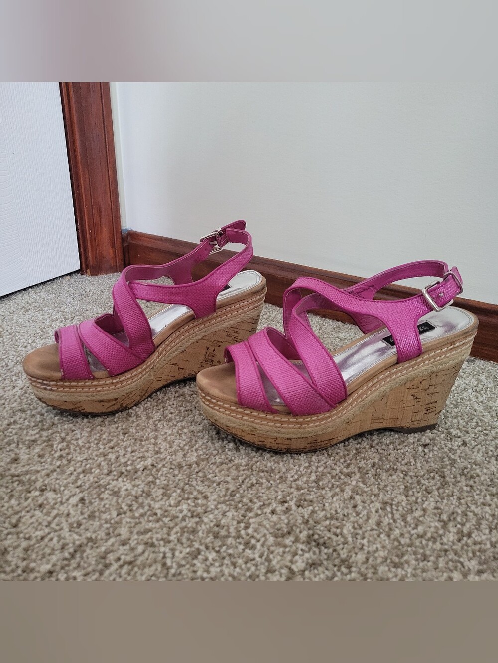 White House Black Market "Edward" Pink Strappy Wedge Sandals, Size 5.5